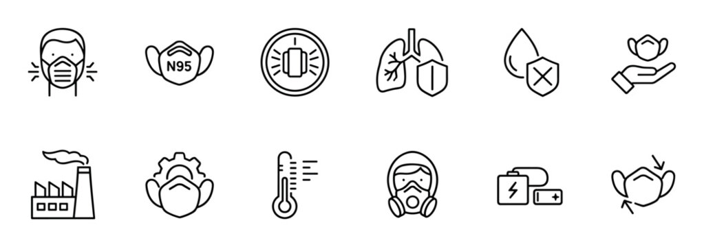 Set of black outline icons for air pollution and respiratory safety concepts, including face mask, lungs, factory, thermometer, and hazmat suit symbols in a minimalist style