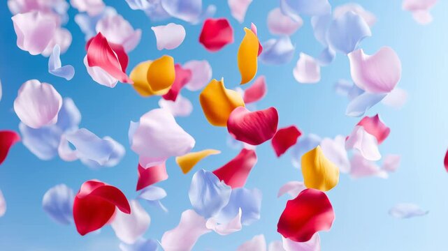 Flower petals in red yellow and pink colors flying in the air against a clear blue sky background. Concept of spring celebration and lightness