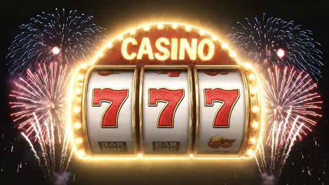 Casino slot machine jackpot with glowing lucky 777 symbols, luxury gambling concept, winning spin reels, bright neon lights, excitement and fortune theme for online casino, betting, risk and reward