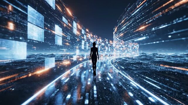 Woman Walking Through Futuristic Digital Data Tunnel, AI Technology Concept, Neon Lights, Cinematic Shot