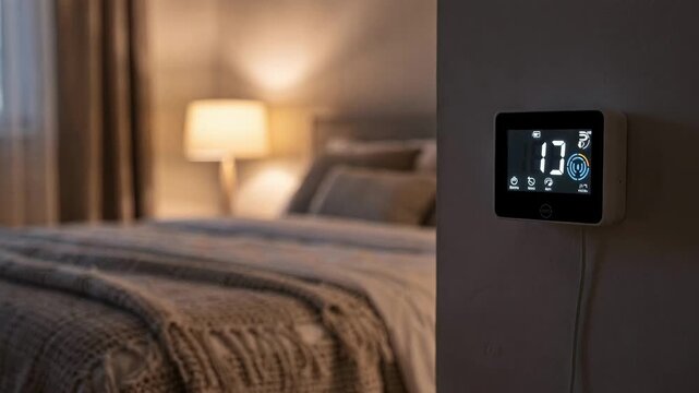 Focus on temperature and humidity sensor on a bedroom wall with cozy outoffocus interior background highlighting smart climate control.