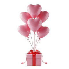 Festive red gift box adorned with a cluster of pink heart-shaped balloons