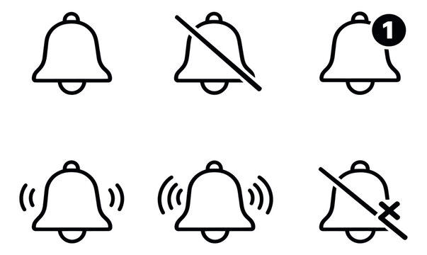 Line art notification bell icons set featuring various alert and silent states for web design and mobile applications