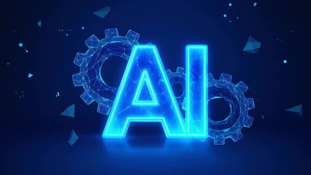 Blue glowing AI letters at center with pixel-style gears rotating and geometric particles drifting as the camera slides in from a side angle with a gentle arc, a futuristic mood.