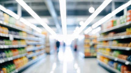 Obraz premium blurred supermarket aisle interior and wide angle perspective and symmetrical composition