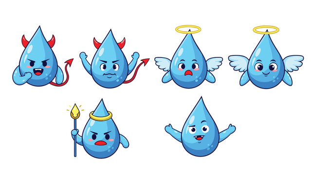 Set of cute blue water drop characters personified as little angels with halos and wings and little devils with horns and pitchforks.