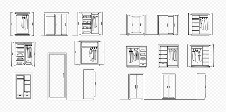 Wardrobe sketch set. Hand-drawn furniture for clothes storage. Closet with open and closed doors, shelves, and hangers. Vector illustration.
