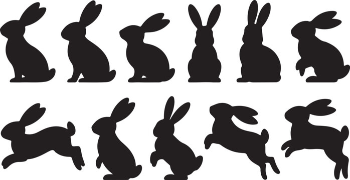 A large collection of ten black silhouette rabbits is shown in various dynamic poses on a white background
