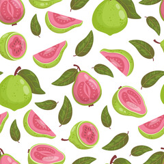 Seamless Pattern Pink Guava Fruit Tree on White Background with leaves. Vector illustration