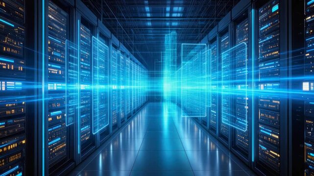 Slow forward shot through a neon data center corridor with blinking server racks, blue data streams, transparent code screens, and glowing floor reflections creating a futuristic tech world