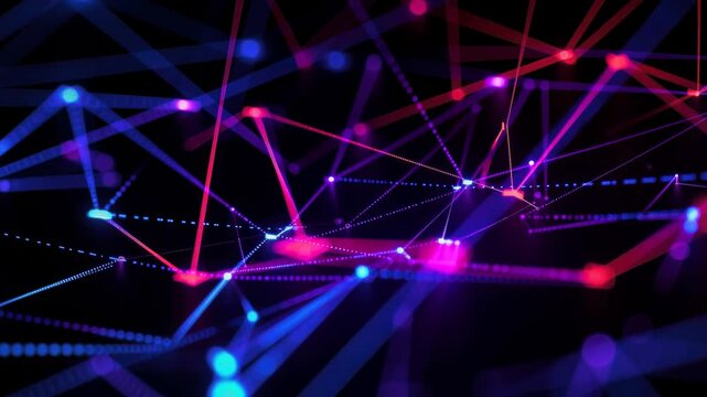 Dynamic blue and red light lines weave across a dark backdrop, forming abstract geometric network patterns with blinking highlights, evoking futuristic data flow and tech motion.