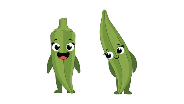 Two cheerful cartoon okra characters with expressive faces and green bodies stand together in a fun vegetable illustration.