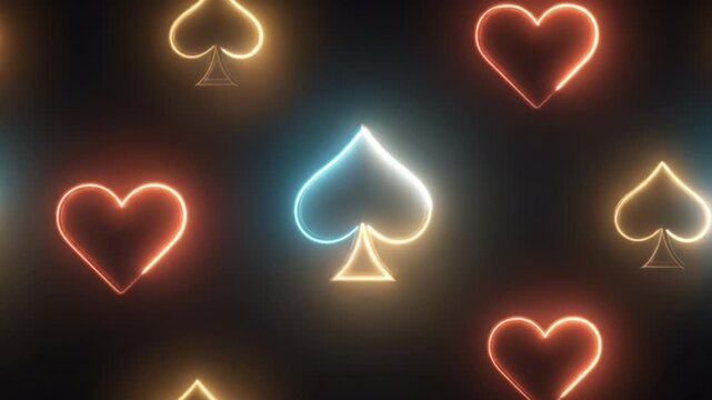 Glowing spade glowing heart casino background neon symbol poker card dark backdrop abstract pattern gambling theme bright color night mood fantasy art card suit club diamond seamless design vibrant