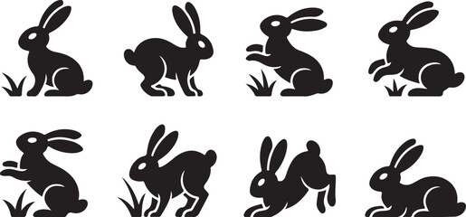 Multiple black rabbit silhouettes depicted interacting with patches of grass in different playful postures