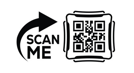 Minimalist black and white QR code scan prompt with bold arrow and "SCAN ME" text, ideal for marketing, advertising, and digital call-to-action designs on clean white background.