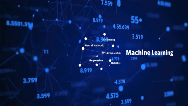 Blue futuristic data-network showing automation on the left and machine learning on the right; white nodes and lines; center hub rotates around data mining and neural network.