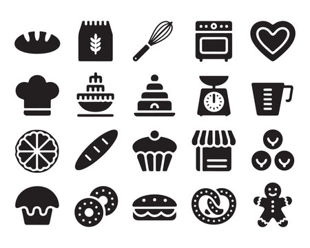 Wedding food icons set featuring cake, drinks, coffee, bread, dessert and restaurant symbols in a black vector style collection