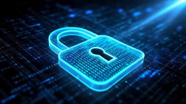 Glowing blue transparent digital padlock hovering above a dark binary grid, with streaming binary inside, data fibers flickering as the camera circles counterclockwise and rises, evoking cyber mystery