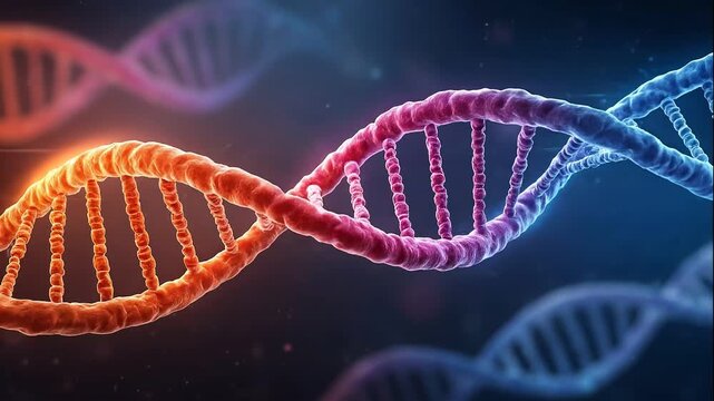 DNA strand genetic material molecular structure double helix biology science genetics chromosome microscopic medical research biotechnology nucleic acid colorful close up scientific study nucleotides