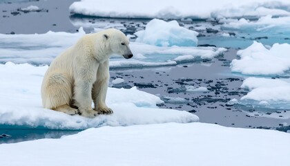A solitary polar bear sits on a melting ice floe in the Arctic Ocean, a poignant symbol of climate change.