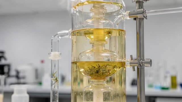 Close view of glass distillation column with steam gently rising isolating fine essential oils from botanical raw materials in a laboratory setting with focused extraction