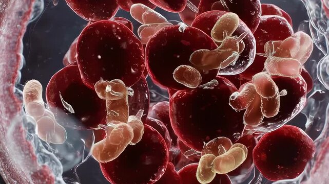 Microscopic view of blood cells and leukocytes within a vessel, creating an intricate biological scene