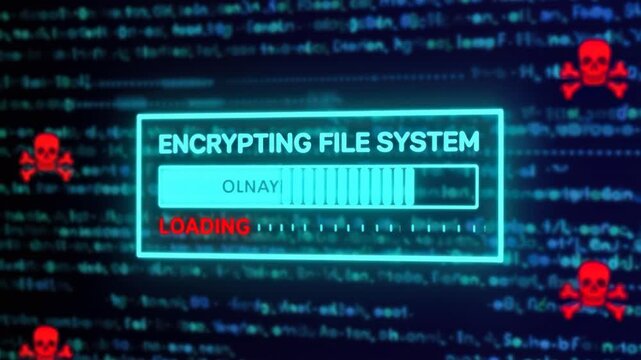 Glowing blue code stream background with flashing red skull icons, a central semi transparent blue floating box, and an Encrypting File System progress bar with a red Loading indicator