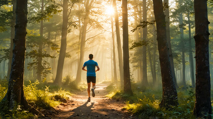 Fototapeta premium Person Jogging in Forest Person in sportswear