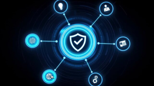 A calm blue digital interface with a glowing shield at center and a checkmark surrounded by six icons for creativity intelligence user internet settings data connected by lines.