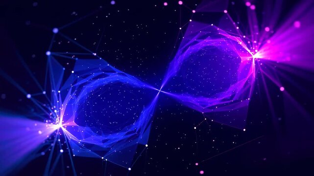 Slow camera move through a blue and purple glowing abstract grid of white points and interlaced lines forming breathing evolving geometric patterns in a mysterious tech space