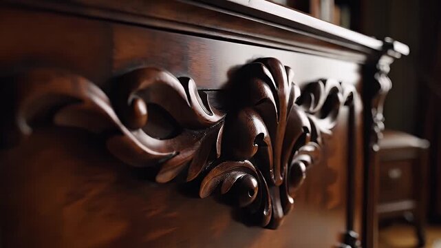 Ornate Dark Wood Carving Detail On Antique Furniture With Warm Interior Lighting