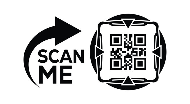 Minimalist black and white QR code scan prompt with bold arrow and "SCAN ME" text, ideal for marketing, advertising, and digital call-to-action designs on clean white background.