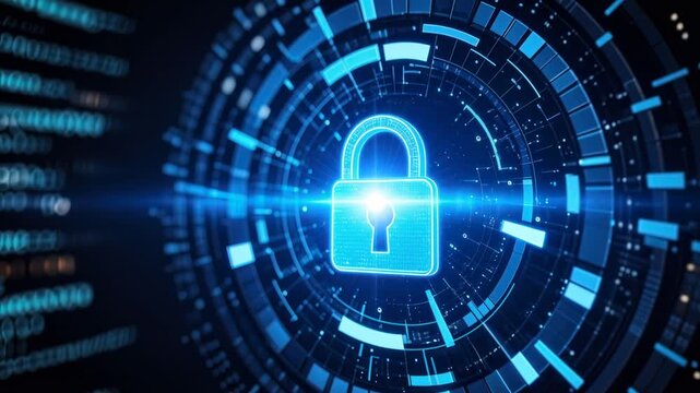 Futuristic blue digital lock centered with rotating circular data rings, blurred blue code background, and a bright blue beam crossing to create a dramatic light burst