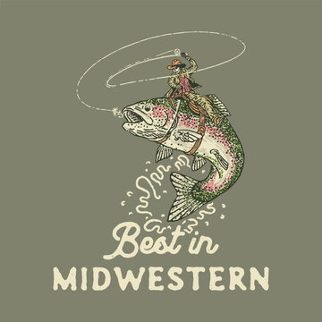 cowboy illustration trout graphic fishing design hook badge rodeo vintage