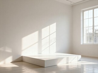 Fototapeta premium Minimalist White Room with Platform and Window Light