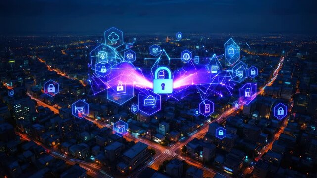 Night city skyline with neon streets and a giant blue glowing lock at center, surrounded by interconnected hexagonal security icons forming a pulsing digital network