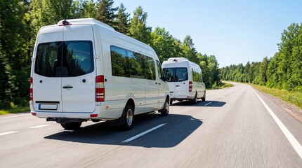 White passenger vans driving in convoy on open highway through green forest landscape on sunny day