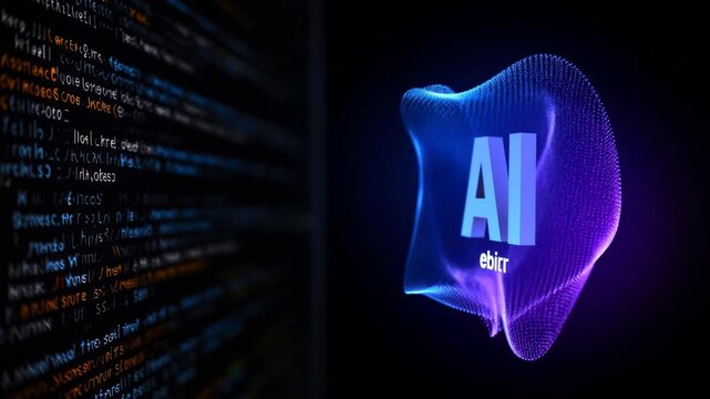 Blue background with fast scrolling code on the left and a rotating blue and purple particle ai chat emblem on the right in sharp focus as the frame moves to the right