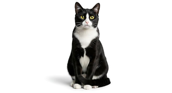 Curious black and white cat with bright yellow eyes sitting