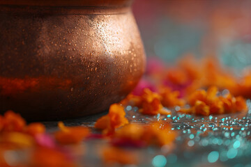 Close up of an indian pot with water drops. Gudi Padwa festival for cultural celebration. Traditional ritual, faith, and religious holiday.