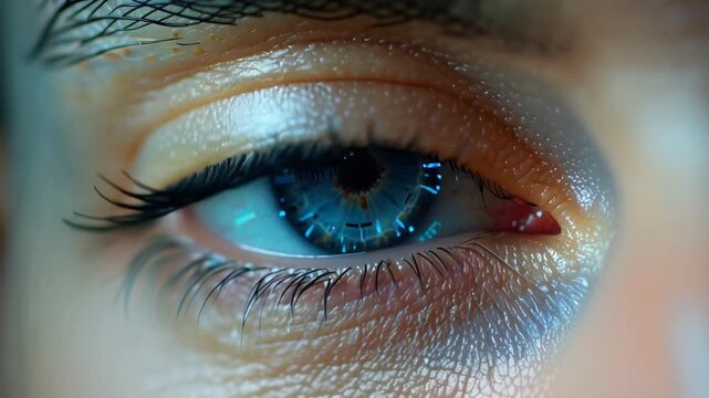 Close-up of a futuristic blue-lit eye with digital cursors circling the iris, pupil subtly contracting and dilating, lashes fluttering as the camera glides left to right with sharp, intense focus