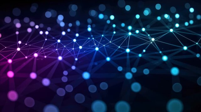 Glowing grid of tiny nodes in a dark gradient, connected by faint lines with light flowing like data, camera glides from purple bottom-left to blue top-right with gentle zoom