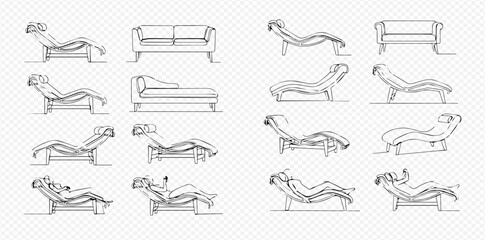 Fototapeta premium Set of hand-drawn sketches of various sofas, couches, and chaise lounges, illustrating different furniture styles and designs.