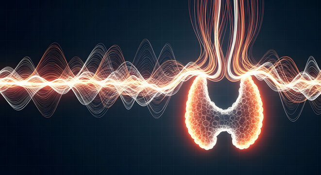 Abstract glowing thyroid gland with intricate energetic wave patterns, representing medical research, endocrine system health, and advanced diagnostic technology.