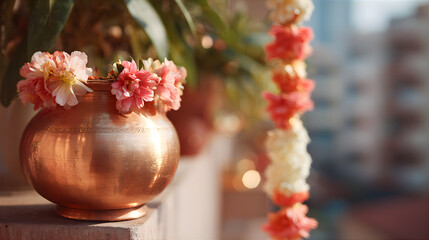 Decorated copper kalash with flowers and garland. Gudi Padwa festival for Indian new year celebration. Traditional Hindu holiday.