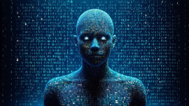 Futuristic humanoid built from blue and gold digits with glowing white eyes; flowing code shapes the body as the head sways and the eyes pulse, camera pulls back