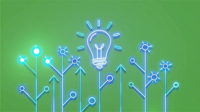 A bright neon lightbulb glows against a green backdrop, symbolizing innovation and brilliant ideas.