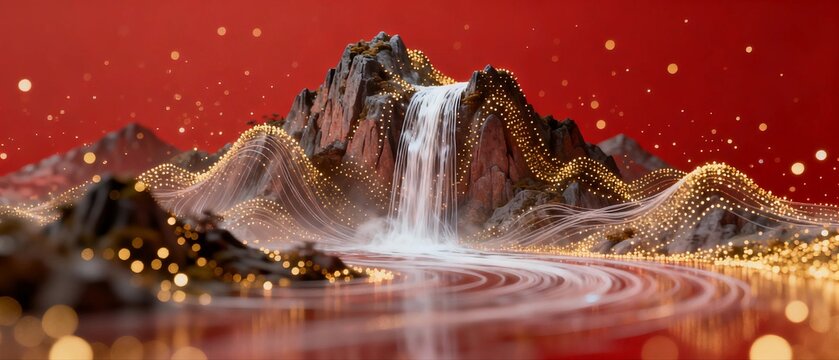 Stylized Mountain Waterfall with Golden Light Effects