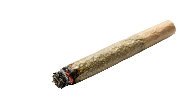 Hand rolled marijuana joint with smoke and burning ash isolated on white background