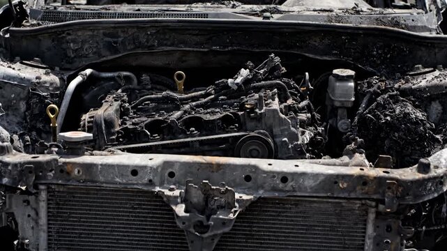 This image captures the devastating result of a severe car accident, focusing on the front of the vehicle.